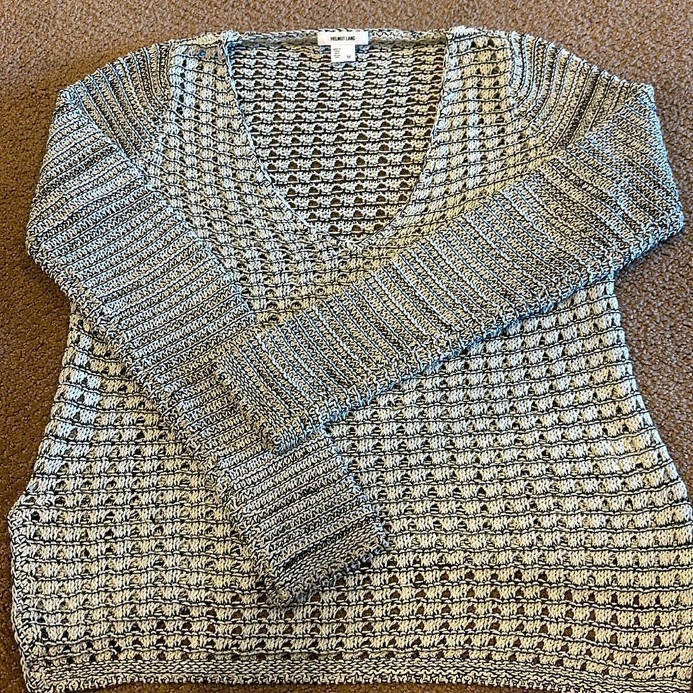 Helmut Lang Women’s V Neck White & Black Open Knit Side Slit Sweater - Size M
